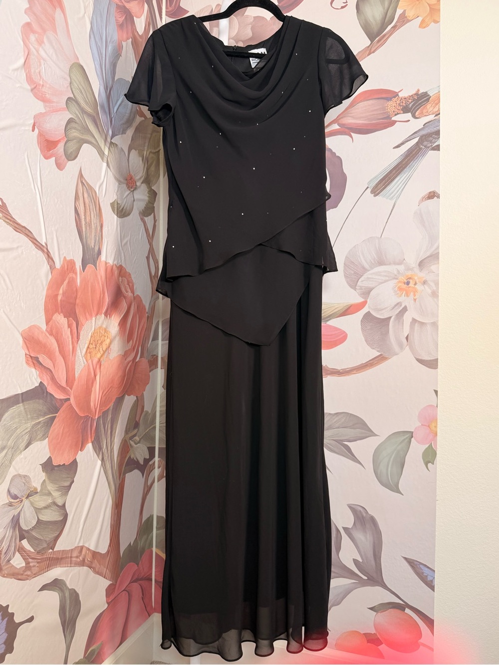 R&M Richards Black Chiffon Beaded Formal Maxi Dress | Size 10 | Made in USA